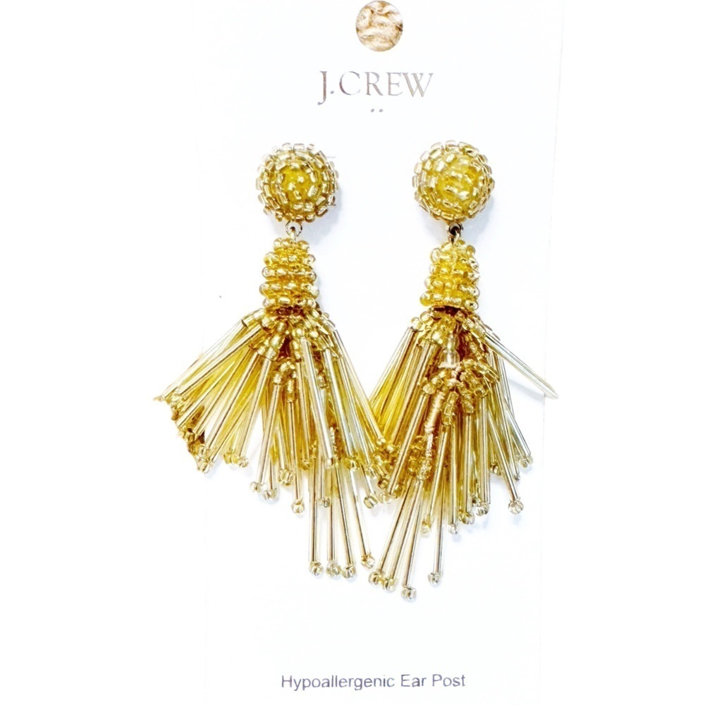 J. CREW Factory NWT Beaded Tassel Earrings in Gold One Size